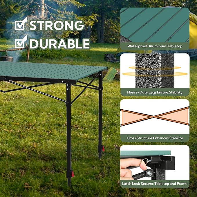 Portable Outdoor Adjustable Height Camping Table Large for 2-6 Person Foldable Roll-up Aluminum Camp Table with Carry Bag for Picnic Camp Sturdy Stable Loads 220 Lbs (Green)