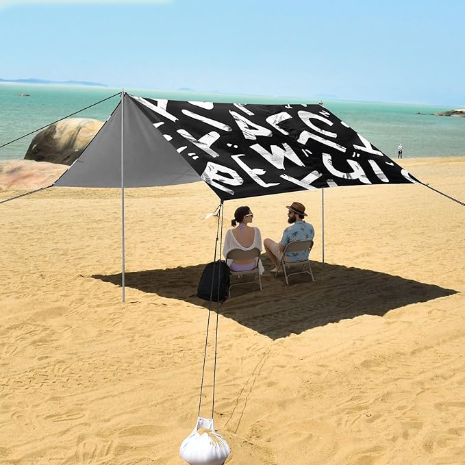 Letters on Black Background Camping Sun Shelter Beach Tent Portable Beach Sun Shade Outdoor Canopy for Camping Trips Fishing Picnic