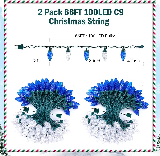Brightown C9 LED Christmas String Lights 2 Pack Total 132ft 200LED Outdoor Lights String Plug-in Connectable Green Wire Lights Waterproof Roofline Lights String for Outside Yard Christmas Holiday
