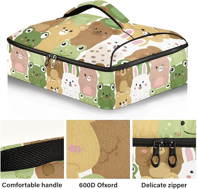 Casserole Carrier Cute Rabbit and FrogInsulated Casserole Carrier for Hot or Cold Food Thermal Lunch Tote for Potluck Parties Picnic Beach Fits 9 x 13 Inches Baking Dish