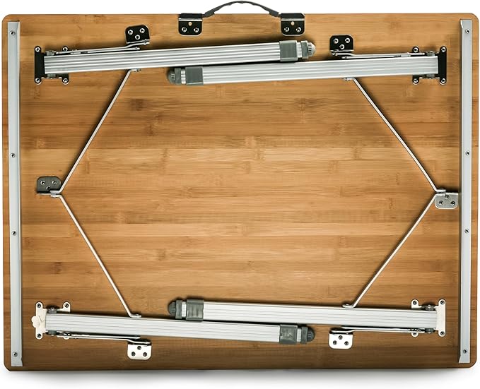 Camco Folding Table | Features Natural Bamboo Top &amp Folding Aluminum Legs for RV Storage and Organization | Adjustable Height 18” - 26” | Ideal for Tailgating Camping RVing the Beach &amp More