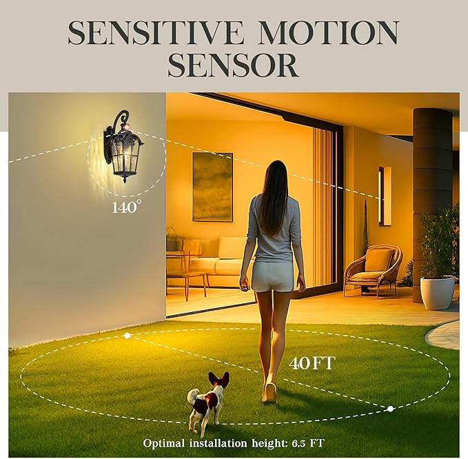 Emliviar 24 Motion Sensor Outdoor Light Fixtures Wall Mount Aluminum Exterior Porch Light in Black Finish with Gold Edges Outside Wall Light with Water Glass WE305BL-SE BG-SW