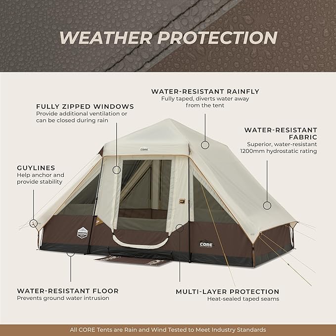 CORE Instant Cabin Tent with LED Lights | Large Family Lighted Pop Up Tent with Carry Bag for Camping Glamping and Backyard Adventures | Included Storage Pockets for Camp Accessories