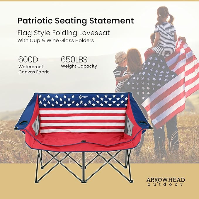 ARROWHEAD OUTDOOR 2-Pack Portable Folding Camp Loveseat Chair w/Glass &amp Cup Holders Heavy Duty Carry Bag 650 lbs Weight Capacity