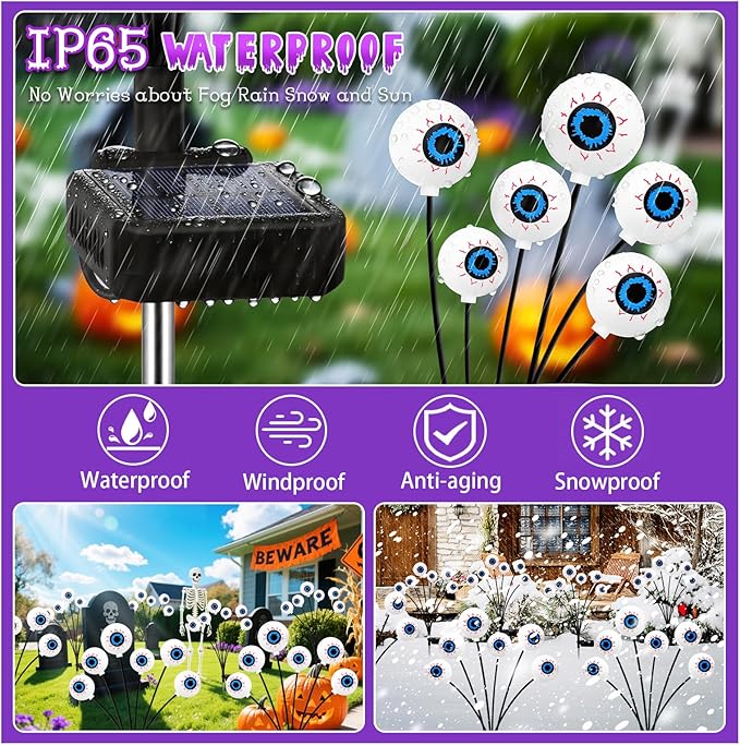 Kohlrabi Halloween Decorations Outdoor 6 Pack 36 LED Solar Scary Eyeball Swaying Lights Purple Solar Firefly Light Waterproof Outdoor Garden Lights for Halloween Yard Garden Lawn Party Flower Bed