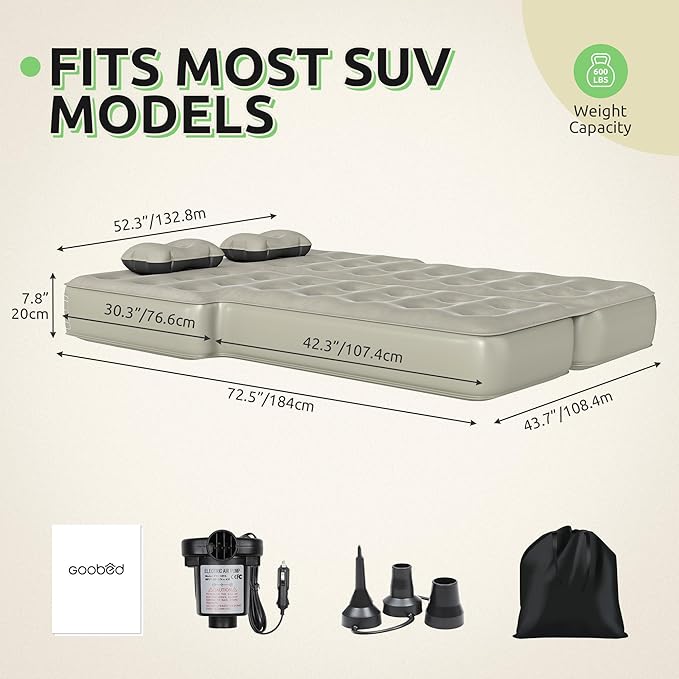 GOOBED Inflatable SUV Camping Mattress with Pump &amp Accessories 10-Inch Thick Air Bed with Pillows Storage Bag &amp Patch Kit Fits 4Runner Jeep and Most Midsize to Large SUVs (Gray)