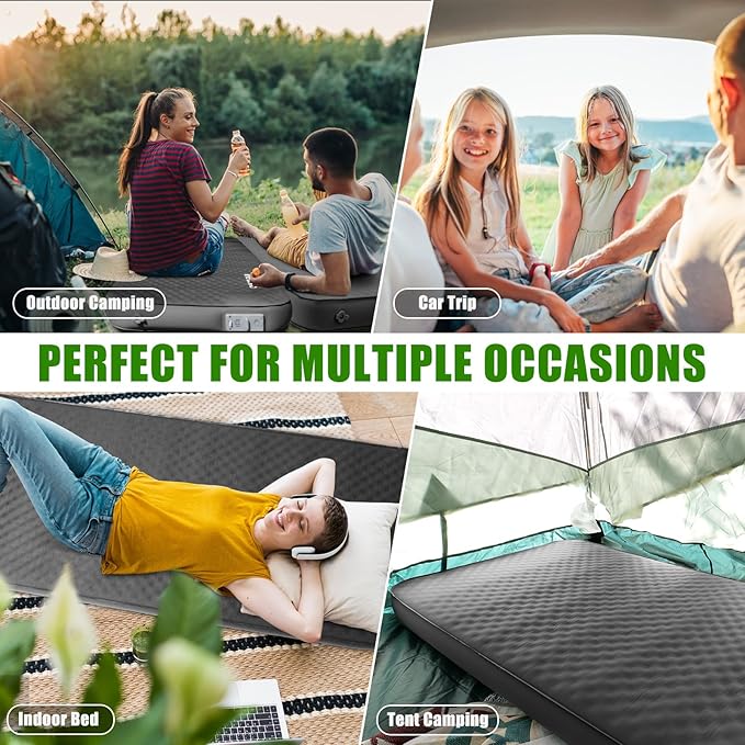Self Inflating Sleeping Pad for Camping 4 Extra-Thick Memory Foam Camping Mattress with Electric Pump Fast Inflate &amp Deflate 9.5 R-Value Insulated Camping Pad for Car Travel Tent Cot Grey