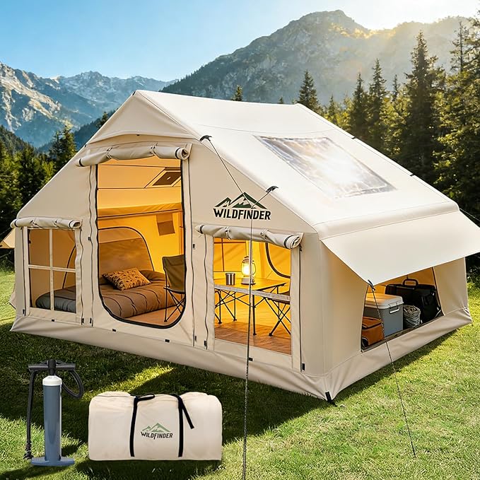 Inflatable Tent with Skylight Quick Setup Blow Up Tents with Pump Hot Tent with Stove Jack Waterproof Oxford Inflatable House for Camping Air Glamping Tents for Camping Adult 4-6 Person