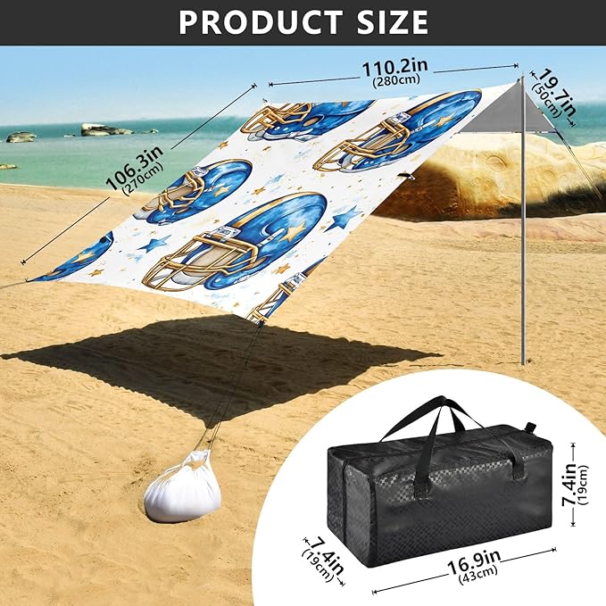 Football Tile Helmet Pattern Camping Sun Shelter Beach Tent Portable Beach Sun Shade Outdoor Canopy for Camping Trips Fishing Picnic