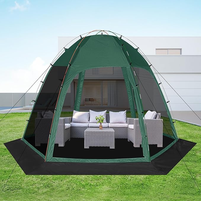 Screen Tent with Removable Floor Siebwin 10'x10' Six-Sided Gazebos with Mosquito Netting Sunproof Outdoor Canopy Tent for 4-6 People Family Backyard Party Outside Activities Green