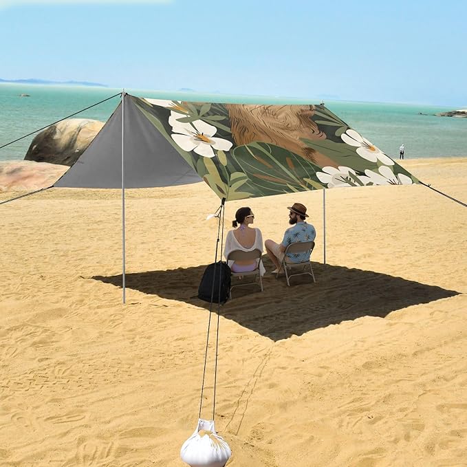 Capybara with Her Cub and White Flowers and Leaves Camping Sun Shelter Beach Tent Portable Beach Sun Shade Outdoor Canopy for Camping Trips Fishing Picnic