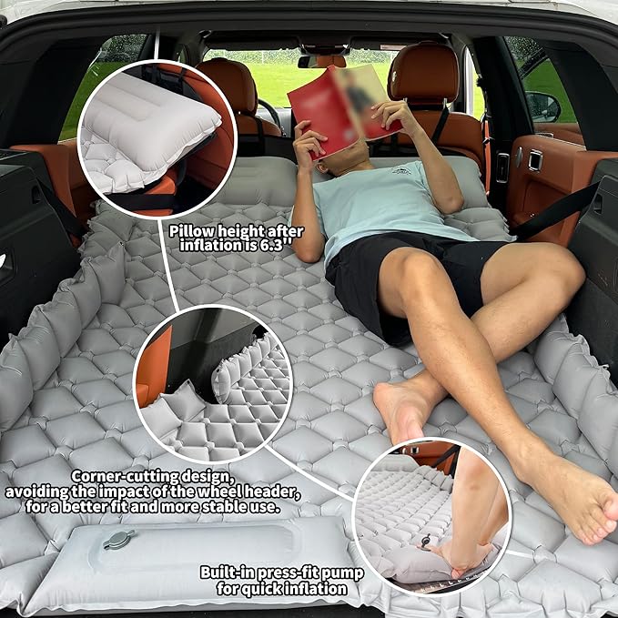 Inflatable Car Air Mattress SUV Air Mattress for Travel Camping Ultralight Camping Bed with Pillow and Built-in Foot Pump Portable Sleeping Pad for SUV -Grey