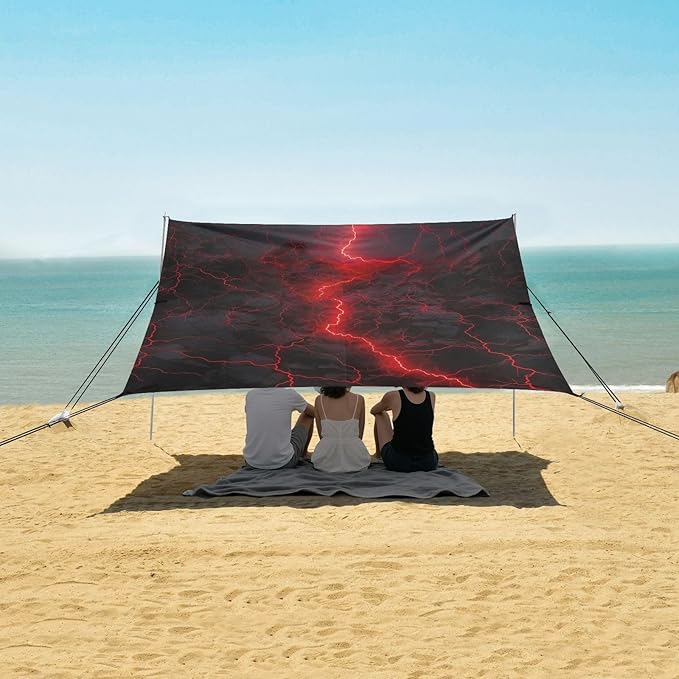 Red Lightning on Black Beach Tent Sun Shelter 9.2' x 10.5' Beach Canopy with 4 Sandbags 4 Stability Poles Sand Shovels - Tent Canopy for Beach Camping Fishing Picnics