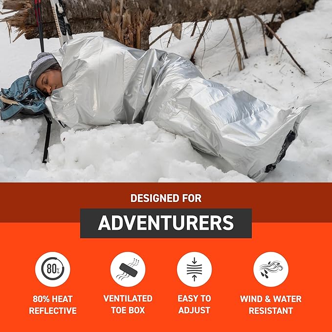 S.O.L. Survive Outdoors Longer SOL Thermal Bivvy w/Rescue Whistle - Reflects up to 80% Body Heat - Waterproof Emergency Blanket for Survival Gear - Silver
