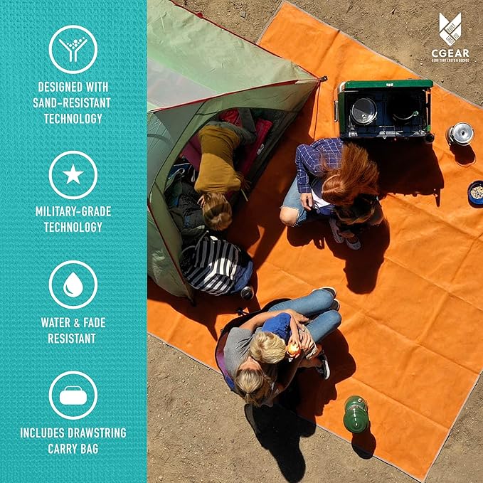 CGEAR Original Sand-Free Outdoor Rug Camping Mat - Water-Resistant &amp Anti-Fade Material - Military-Grade - Reversible Design - Area Rug for Beach RV &amp Picnics - Travel Bag