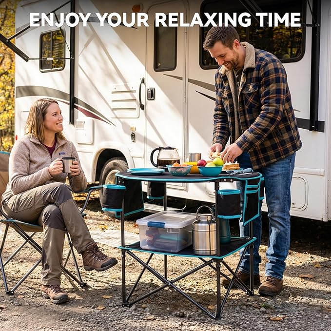 FUNDANGO All in One Tailgate Table Portable Beach Table with Cup Holders Camping Table Foldable with Side Pockets Carry Bag for Camp Outdoor Sand Beach Picnic Fishing Tailgating Essentials