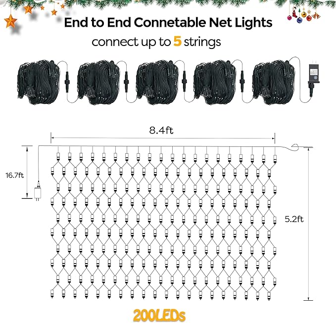 WBao Christmas Lights 200LED 8.4ft x 5.2ft Net Lights Outdoor Mesh Light with 8 Modes Timer UL Certified End to End Connectable Waterproof for Lawn Bushes Outdoor Christmas Decorations Red
