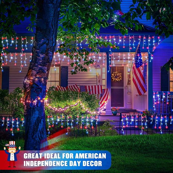 JMEXSUSS Icicle Lights for 4th of July Decor 400 LED Red White and Blue Icicle Lights for Outside 38.8 Ft Independence Day Icicle String Light Indoor Outdoor Holiday American Flag Decor
