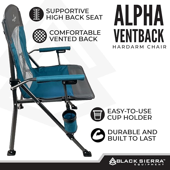 Black Sierra Camping Chair – Folding Portable Lawn &amp Beach Chair with Padded Hard Armrest Mesh Vented Back Spacious Cup Holder Carry Bag – Supports 300 lbs for Sports