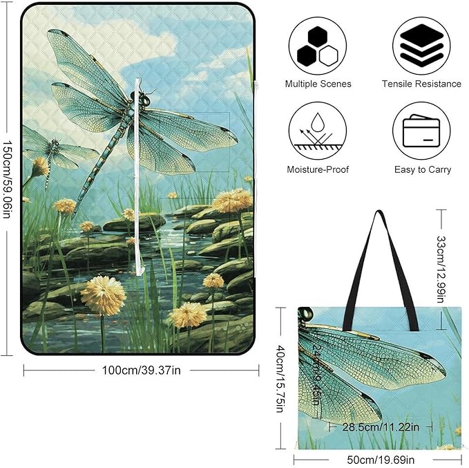 Zipper Dragonflies in Flight Style Picnic Mat Suitable for Travel Camping Park Or Home Use