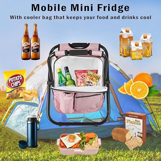 Out&ampAbout 3-in-1 Backpack Stool Cooler Chair 400 LBS Max Load Portable Folding Fishing Cooler Stool - Pink