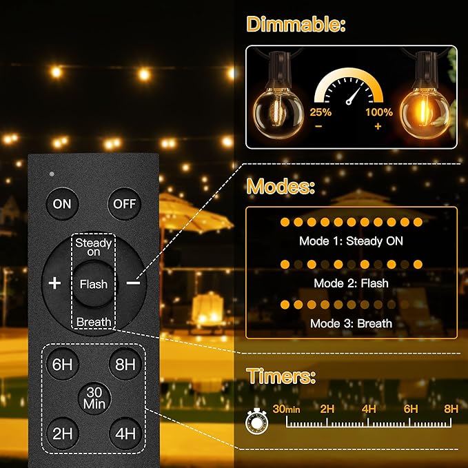 Ollny 35FT Solar Patio Lights Waterproof Remote Control Dimmable Timers 3Modes Outdoor Light with 15 LED + 1 Spare Shatterproof Bulb G40 String Lights for Outside Camping Backyard Tree Bistro