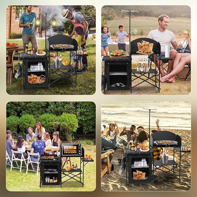 CDEN Camping Kitchen Station Camping Table Grill Table with Light Stand and Windshield Cooking Station outdoor