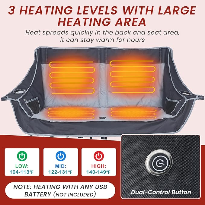 DoCred Heated Double Camping Chair Heated Folding Camping Chairs Loveseat Outdoor SportsHeating Oversized Loveseat Chairs for Adults2 Person Camp Chair with 3 Heat Levels Battery NOT Included