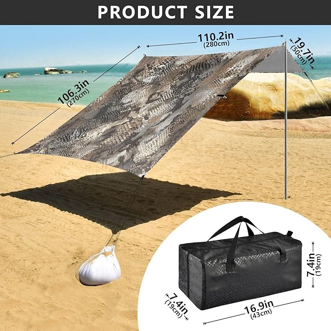 ALAZA Snake Print Beach Tent Sun Shelter UPF50+ Protection Beach Shade Canopy w/ 4 Sandbags for Outdoor Camping Fishing Backyard Fun Picnic 10x9 ft