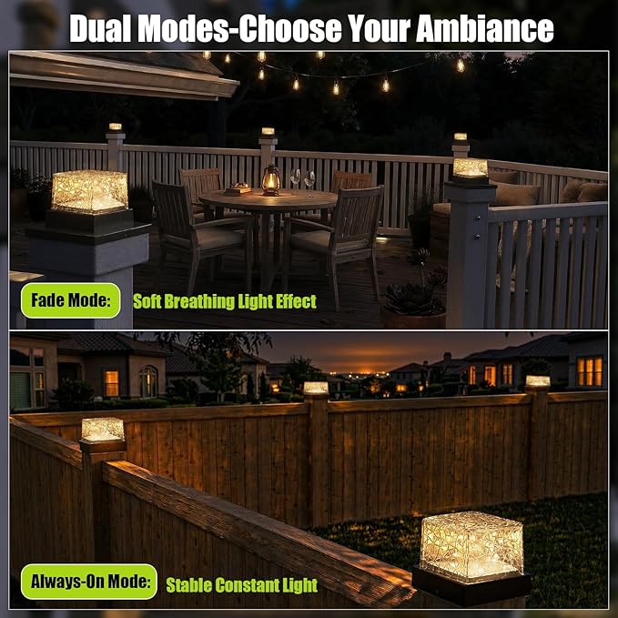 Solar Post Cap Lights with 2 Modes Warm White/Fading Cracked Fence Post Solar Lights Fit 4x4 5x5 6x6 Wooden/Vinyl Posts 6 Pack Solar Post Lights Outdoor Waterproof for Deck Porch Yard &amp Patio De
