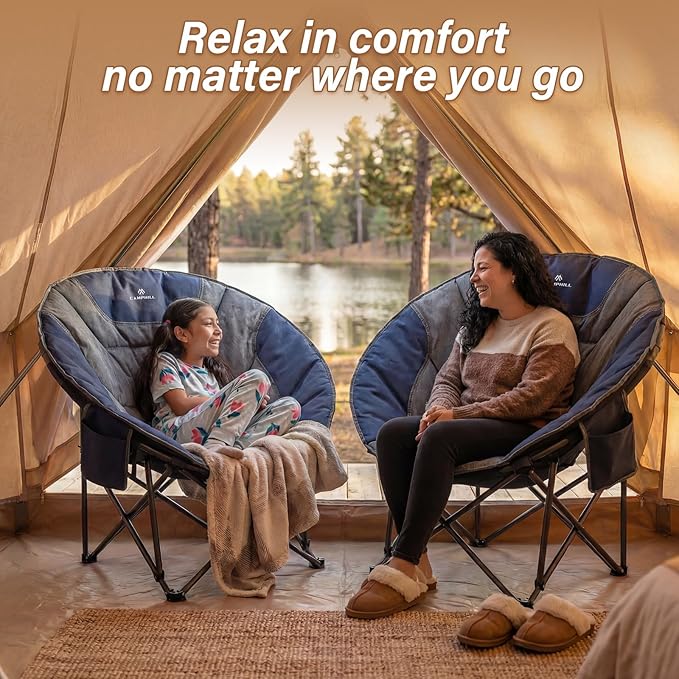 Oversized Camping Moon ChairsFolding Round Padded Sofa Chair for AdultsOutdoor Lawn Chairs w/Side PocketPerfect for IndoorFamily CampingPicnics and GardenBlue&ampGrey
