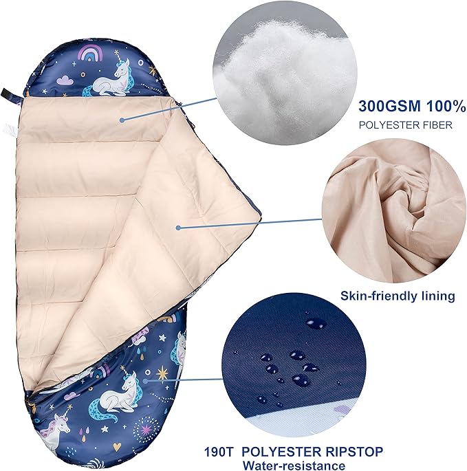 Kids Sleeping Bags for Girls – Unicorn Rainbow Space Navy – Rioyalo YOLO 45 Camping Sleeping Bags for Kids with Carry Bag - Outdoor and Indoor (Unicorn-NV)