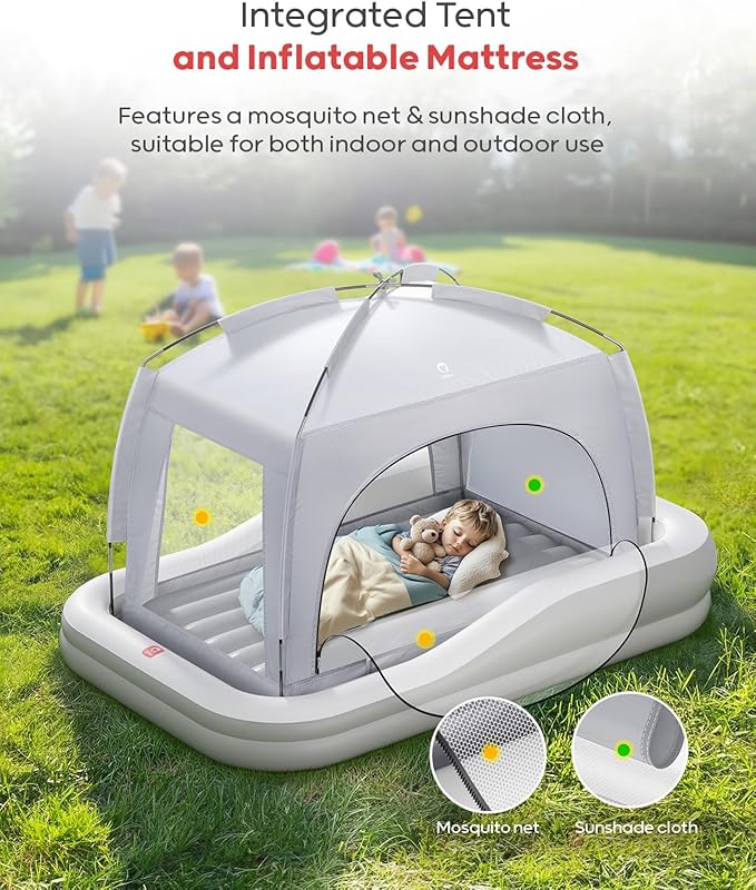 QPAU Inflatable Toddler Travel Bed with Tent Portable Kids Air Mattress with Safety Sides Ideal for Home Grandma's Camping Traveling -Includes Fast Electric Pump