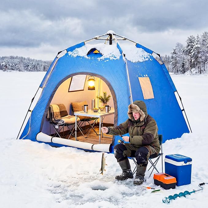Pop-up Camping Tent Winter Insulated Tent Windproof and Snowproof 4 Season Tents for Camping Ice Fishing Parties Adventure and Hiking Portable 4-6 Person TentBlue
