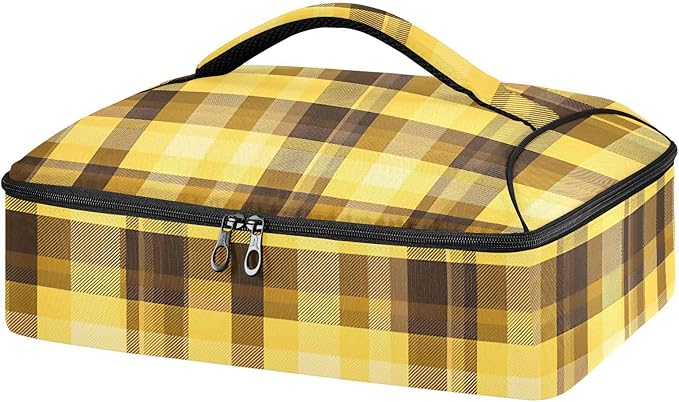 Casserole Carrier Yellow Brown Plaid Print Insulated Casserole Carrier for Hot or Cold Food Thermal Lunch Tote for Parties Picnic Travel Carry Bag
