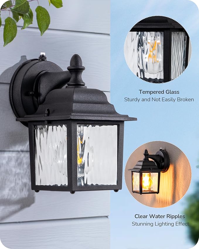 EDISHINE 2 Pack Outdoor Porch Light Dusk to Dawn Exterior Lighting Fixtures Modern Outdoor Wall Lights Fixture Clear Water Ripple Glass Anti-Rust Waterproof for Front Door Garage Patio Black