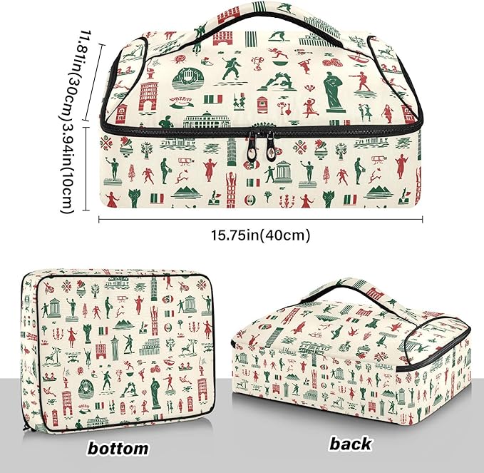 Casserole Carrier Red and Green Italian Pattern PrintInsulated Casserole Carrier for Hot or Cold Food Thermal Lunch Tote for Potluck Parties Picnic Beach Fits 9 x 13 Inches Baking Dish