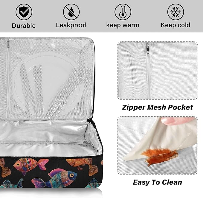 Casserole Carrier Colorful FishInsulated Casserole Carrier for Hot or Cold Food Thermal Lunch Tote for Potluck Parties Picnic Beach Fits 9 x 13 Inches Baking Dish