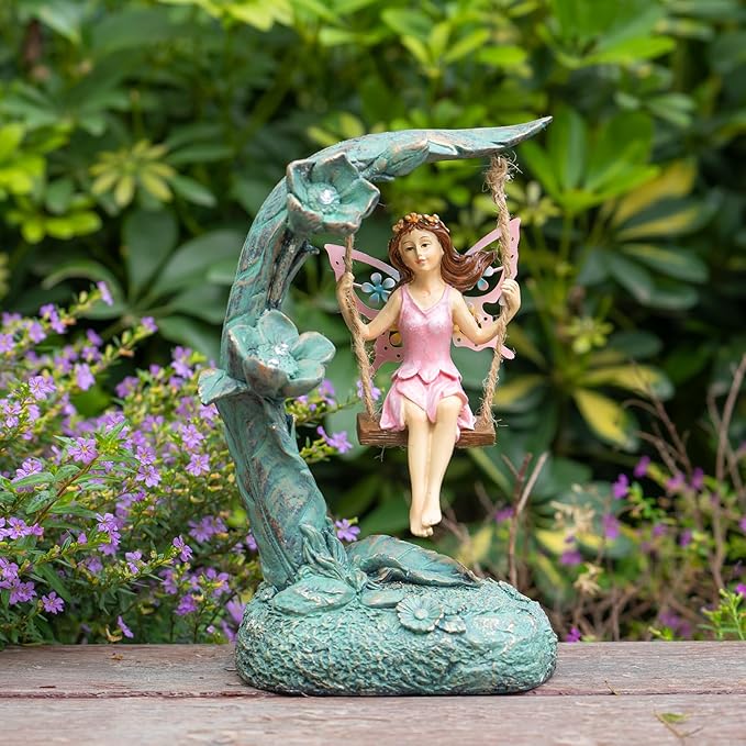 Garden Flower Fairy Outdoor Statue Decor Funny Swing Fairy Ornaments Figurines for Patio Lawn Yard Porch Outside Garden Gifts9.05 Inches Tall ﻿ ﻿ ﻿