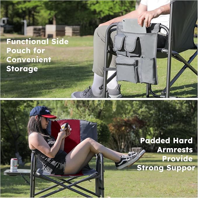 Oversized Directors Camping Chair Set of 2 Support 600 LBS Heavy Duty Folding Outdoor Chairs with Detachable Side Pocket and Adjustable Side Table for Outside BeachLawnFishing (Red)