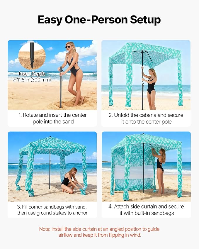 VEVOR Beach Cabana 6 x 6 ft Beach Canopy with Side Wall UPF 50+ Protection Easy Setup Cabana Tent with Sand Pockets Large Portable Shade Sun Shelter Outdoor Umbrella for Whole Family &amp Friends