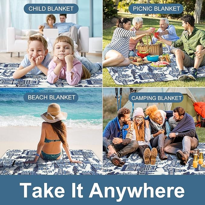 Blue and White Chinese Style Chinoiserie Folk Waterproof Outdoor Picnic Blanket Sandproof Beach Mat for Camping Hiking Grass Travelling