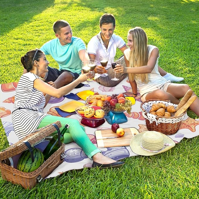 Waterproof Sandproof Beach Blanket 59''×68'' Multi-Color Shell Polyester Outdoor Picnic Blanket with 4 Stakes &amp Storage Bag for BeachCampingVacation White