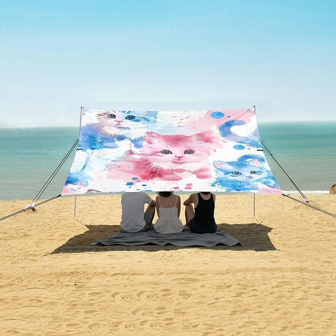 ALAZA Watercolor Cute Cat Kitten Beach Tent Sun Shelter UPF50+ Protection Beach Shade Canopy w/ 4 Sandbags for Outdoor Camping Fishing Backyard Fun Picnic 10x9 ft