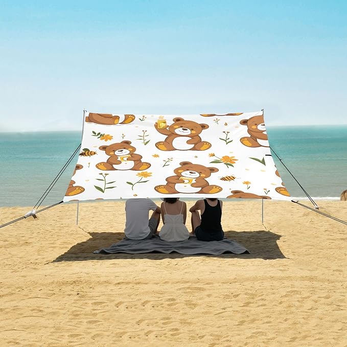 Cute Teddy Bear Camping Sun Shelter Beach Tent Portable Beach Sun Shade Outdoor Canopy for Camping Trips Fishing Picnic