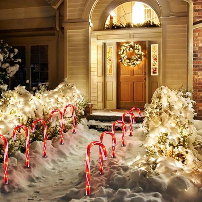 Candy Cane Lights - 10 Pack Candy Cane Pathway Lights 10 Christmas Candy Cane Light Red Outdoor Candy Cane Christmas Decor for Walkway Driveway Sidewalk Garden Xmas Path Stake Light Markers