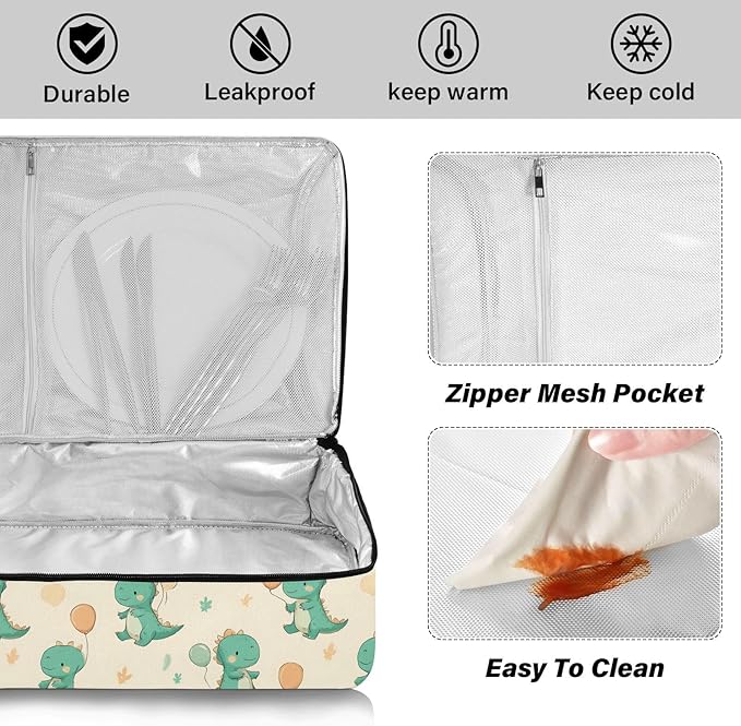 Casserole Carrier Cute Green DinosaursInsulated Casserole Carrier for Hot or Cold Food Thermal Lunch Tote for Potluck Parties Picnic Beach Fits 9 x 13 Inches Baking Dish
