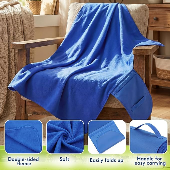 24 Pack Roll up Large Fleece Blankets Bulk Foldable Picnic Blankets 53 x 48 in Double-Sided with Hook and Loop for Wedding Guest Stadium Camping Car Airplanes Outdoor Sports Events Homeless