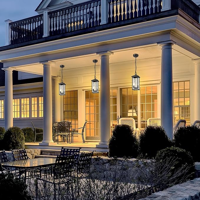 Outdoor Pendant Lights for Porch Chandelier Outdoor Pendant Lights Dusk to Dawn 2-Light Modern Hanging Porch Lights Exterior Hanging Light Fixture with Water Ripple Glass for Patio Gazebo