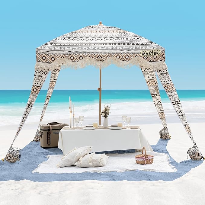 OutdoorMaster Beach Cabana with Fringes Portable 6' x 6' Beach Canopy for Sand Easy Set Up Beach Shelter Included Side Wall UPF 50+ UV Protection Sun Umbrella - for Family &amp Friends